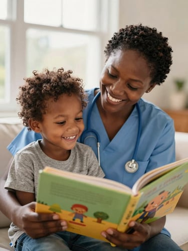 A warm editorial photograph of a South African caregiver smiling and reading a colorful storybook with a young child in a bright, sunlit room, shallow depth of field.