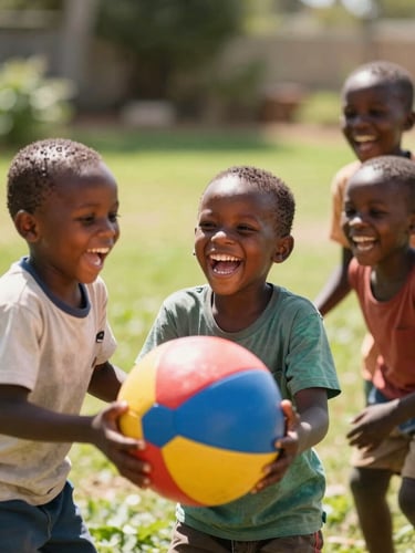 Joyful South African children laughing and playing with a colorful ball in a bright, sunlit green garden, warm editorial photography, shallow depth of field, 35mm