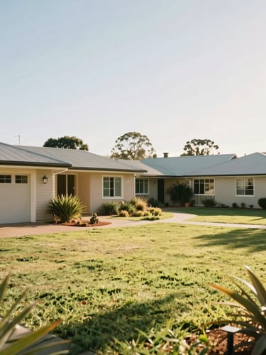 Wide shot of a clean, welcoming residential home campus in Nigel under bright South African sunlight, green lawns, warm atmosphere