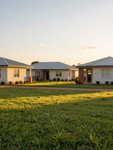 A wide-angle environmental photograph of a modern, clean residential home campus in South Africa, bathed in warm golden afternoon sunlight, green lawns in the foreground.