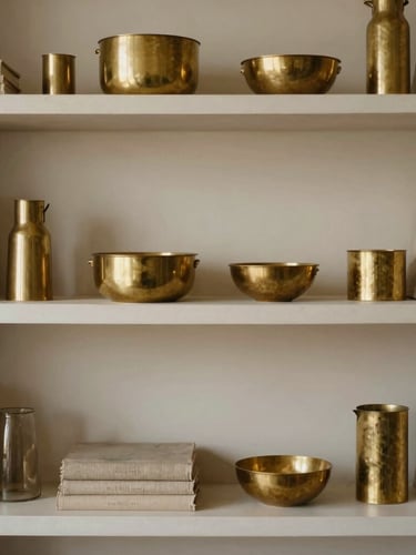Interior shot of a warm-minimalist studio space, a curated shelf with brass objects and linen-bound books, soft natural side-light, muted earth tones and brass accents, shallow depth of field, 35mm