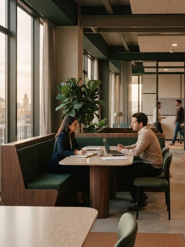 Warm editorial photography of a modern, sober corporate office in Córdoba with soft natural light filtering through large windows, architectural details, 35mm