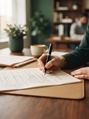 Close-up of a professional hand signing legal insurance documents on a warm wooden desk, soft natural office light, deep forest green accents, shallow depth of field, 35mm