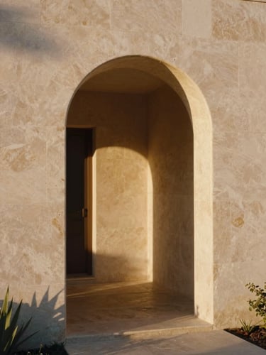 Warm editorial architectural photography, sun-drenched stone archway of a minimalist villa, soft golden hour shadows, 35mm film aesthetic