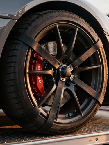 Extreme close-up of a high-end sports car wheel secured to a flatbed trailer using heavy-duty soft-strap wheel tie-downs, no metal-on-metal contact, dramatic amber street lighting