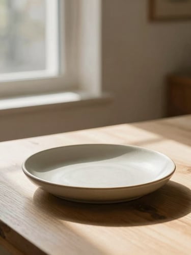 Warm editorial photography of a sun-drenched domestic interior with soft natural window light, a minimalist ceramic dish sitting on a white oak table, rich earthy tones, shallow depth of field, 35mm
