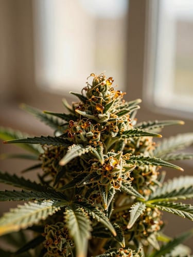 Macro close-up of pristine cannabis flower showing amber trichomes, warm natural window light, soft organic shadows, shallow depth of field, 35mm