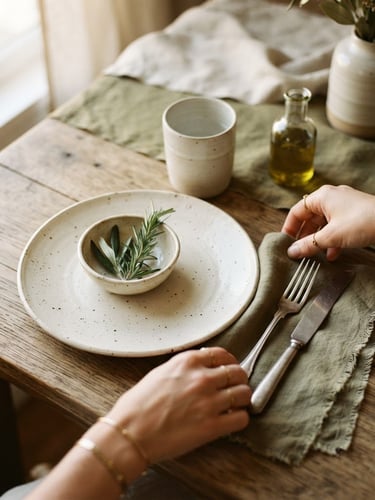 Overhead close-up of hands styling a minimalist table setting, soft afternoon window light, textured cream ceramics, linen napkins, muted olive tones, 35mm photography