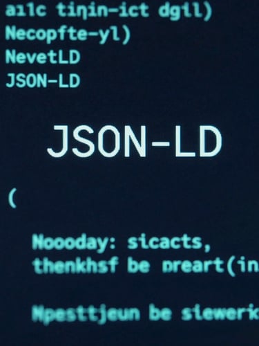 Moody high-tech photography of clean structured JSON-LD code on a dark screen, glowing teal syntax highlighting, sharp focus, macro details, 35mm