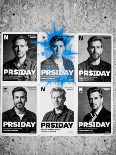 Gritty editorial photography, harsh direct flash, high-contrast monochrome scene of printed campaign mockups wheat-pasted on a raw concrete urban wall, 35mm film grain, electric blue overspray accent.