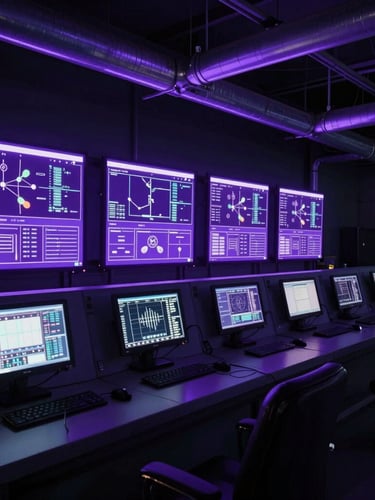 Wide environmental shot of a modern pipeline control room at night, glowing SCADA monitors casting a deep purple ambient light on technical interfaces, highly detailed, 35mm lens