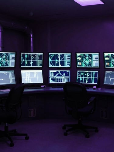 Wide angle photo of a dark pipeline control room, glowing SCADA monitor light, operator screens showing technical schematics, deep purple and midnight tones, sharp technical details, 35mm lens