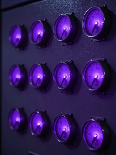 Close-up of a high-contrast industrial control panel, glowing purple indicator lights, steel dials, sharp technical details, dark background