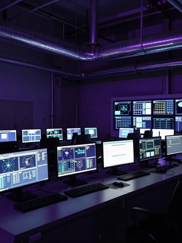 Wide environmental shot of a high-tech pipeline control room at night, glowing multi-monitor SCADA setup, low-key ambient purple light, sharp technical details, 35mm lens