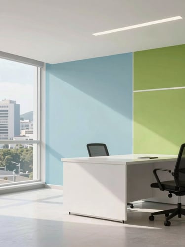 Bright modern corporate office in Rio de Janeiro, clean minimalist architecture, soft blue and green accents, natural daylight, 35mm photography