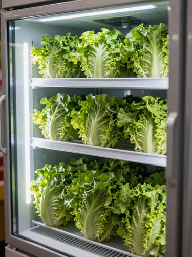 Crates of crisp green lettuce stacked neatly inside a clean commercial walk-in cooler, bright metallic shelving, high-contrast lighting.