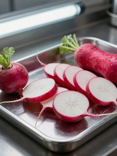 Tight macro shot of a stainless steel prep table, freshly sliced heirloom radishes arranged on a metal tray, bright commercial kitchen fluorescent light.