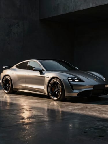 Cinematic wide shot of a modern electric sports car parked on a concrete studio platform, dramatic high-contrast overhead lighting casting sharp metallic reflections, dark moody atmosphere.
