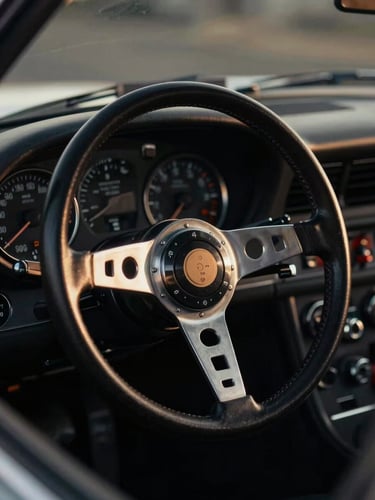 Cinematic close-up of a vintage sports car steering wheel and analog tachometer, dramatic high-contrast studio lighting, desaturated dark charcoal tones, 35mm anamorphic lens