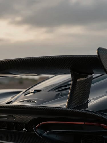 Extreme macro close-up of a carbon fiber aerodynamic wing on a modern supercar, moody overcast daylight highlighting the precise weave pattern, shallow depth of field.