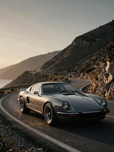 Cinematic wide-angle shot of a classic sports car navigating a coastal mountain pass at golden hour, dramatic high-contrast lighting, desaturated charcoal tones, 35mm anamorphic lens.