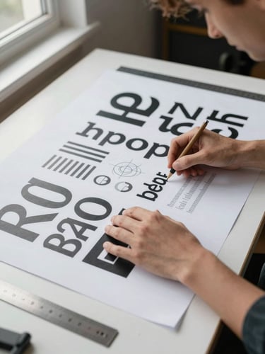 Close overhead view of a designer's hands arranging printed type specimens on a large white work table, natural window light from the left, paper edges and a steel ruler visible, no faces