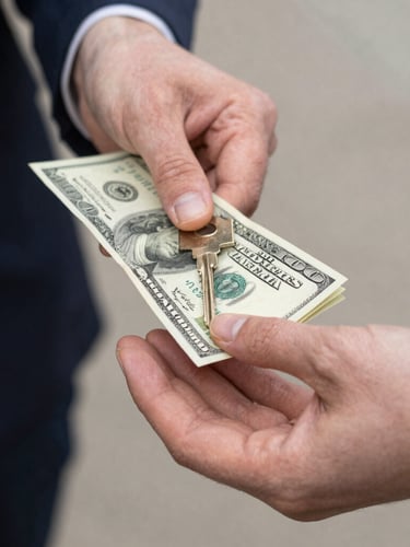 A close-up of a transaction, hands exchanging cash for car keys in front of an older vehicle, bright natural daylight, realistic 35mm documentary style