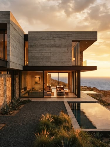 Fasad vila modern mewah, arsitektur monolitik, pencahayaan golden-hour dramatis, garis bersih, material jujur, lanskap minimalis.