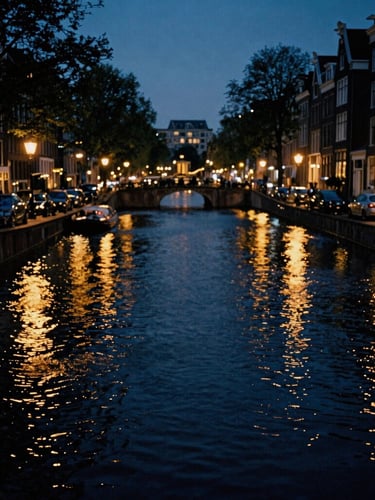 Cinematic low-key editorial photo of the Amsterdam canals at twilight, reflecting warm gold streetlights on deep navy water, 35mm film grain, high-contrast.