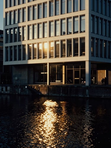 Cinematic vertical portrait of a modern architectural facade in Amsterdam, dramatic high-contrast golden hour light reflecting on canal water, deep navy shadows.
