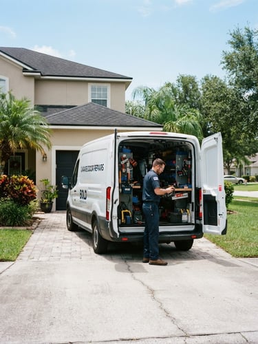 Wide shot of a clean, branded Bold Garage Door's Repairs service truck parked in a residential driveway in Starke, Florida, under bright natural daylight, technician visible checking tools in the back, sharp documentary style.