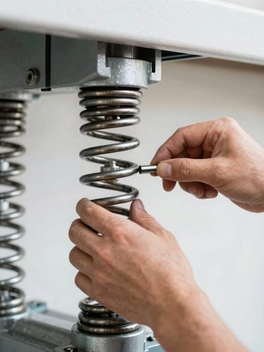 Close-up, sharp documentary photo of a technician's hands installing a heavy-duty, high-cycle torsion spring on a garage door mechanism, focused on the steel components, bright work light, shallow depth of field.