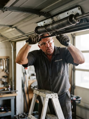 Professional garage door technician in uniform, focused on repairing a heavy-duty steel torsion spring, bright natural daylight, clean high-contrast industrial tones, shallow depth of field, 35mm