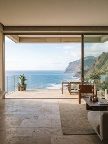 Wide-angle architectural photograph of a minimalist luxury apartment interior in Madeira. Large floor-to-ceiling glass doors open to a spacious balcony with an unobstructed view of the deep blue Atlantic Ocean. Soft morning coastal light, warm stone tiles, minimalist furniture.