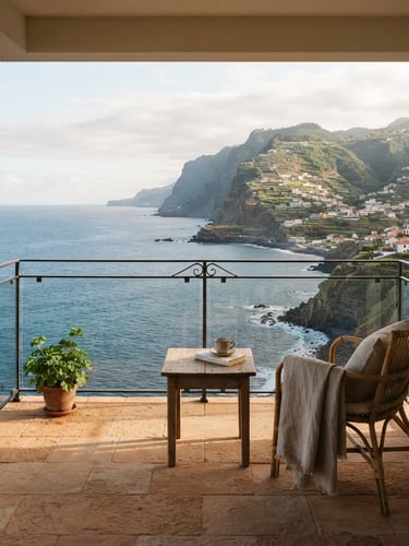 Warm editorial wide-angle photograph of a minimalist balcony overlooking the deep blue Atlantic ocean in Santa Cruz, Madeira, soft morning light casting gentle shadows on warm stone tiles.