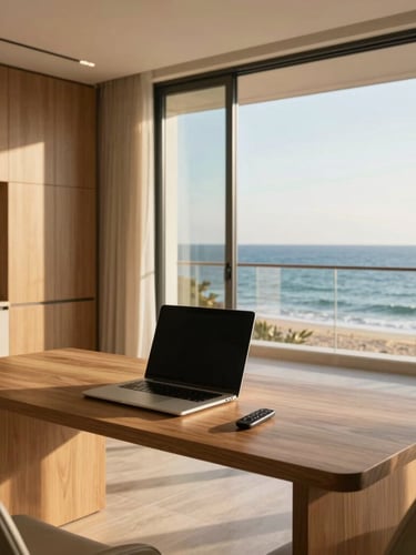 Medium shot of a premium remote workspace inside a luxury apartment. A clean wooden desk with a modern laptop, overlooking a sunny ocean balcony. Soft golden hour light, high-end finishes, minimalist design.