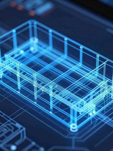 Extreme close-up of a complex 3D structural model on a screen, glowing neon blue lines showing load distribution, dark technical background, sharp focus