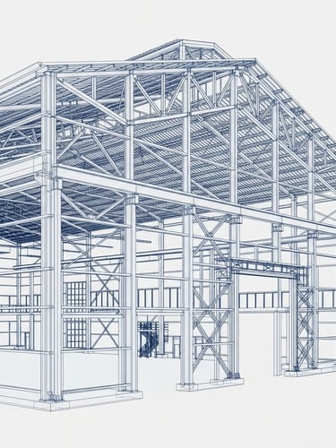 3D wireframe model of a complex steel warehouse structure, clean white background, sharp technical lines, architectural blueprint style, 35mm