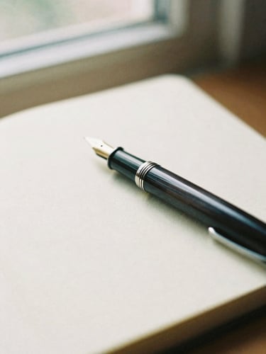 Macro film photography of a vintage fountain pen resting on a thick, textured cream paper notebook, soft morning light from a window, shallow depth of field, 35mm style