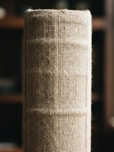 Macro photograph of a high-quality book spine with visible textured paper, soft natural window light, editorial film photography style, warm cream tones, 35mm.