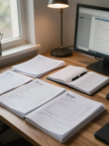 Wide environmental shot of a small Indian professional's desk — a neat stack of printed invoices, a pen resting on a ledger, a desktop monitor showing a browser, soft daylight from a window to the left, warm tungsten overhead light, no people visible, overhead-angled framing showing the full work surface