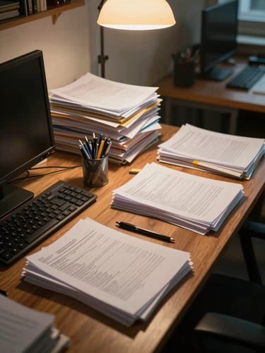 Wide environmental shot of a compact Indian office workspace — a wooden desk covered with paper files, a keyboard, and a steel cup of pens under warm tungsten ceiling light; no people visible, overhead angle revealing the texture of everyday work