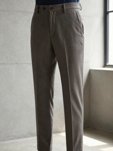 Medium-close shot of premium wool trousers drape on a model standing near a minimalist concrete wall, soft natural window light, emphasizing the sharp crease and elegant drape.