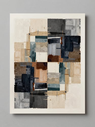 Flat-lay overhead of an abstract mixed-media work on paper, controlled studio daylight, neutral grey background, straight-on crop showing full piece
