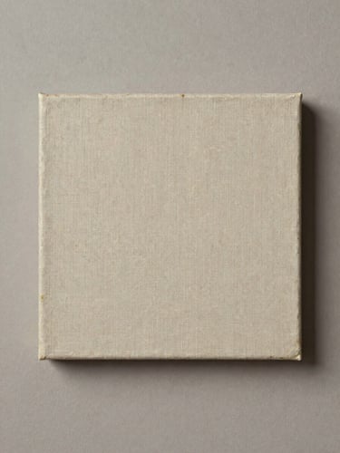 Overhead studio shot of a small-format oil painting on linen, neutral warm-grey seamless background, even diffused lighting, full canvas visible
