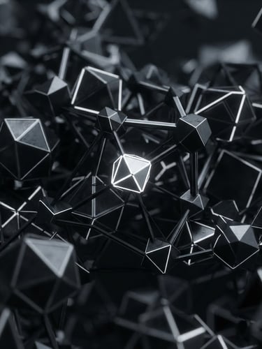 Macro close-up of dark metallic 3D geometric nodes, sharp white edge highlights, futuristic clean tech aesthetic, cinematic depth, 21:9 ratio focus