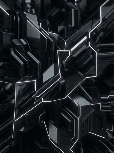 Macro close-up of dark metallic abstract geometry, sharp white edge highlights, futuristic 3D render, minimalist tech aesthetic, cinematic depth.
