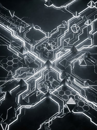 Futuristic 3D render of sharp metallic nodes and glowing white data paths on a dark charcoal background, isometric angle, cinematic depth