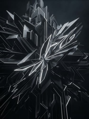 Futuristic 3D render of sharp metallic geometry, dark charcoal and black palette, glowing white edge highlights, cinematic depth