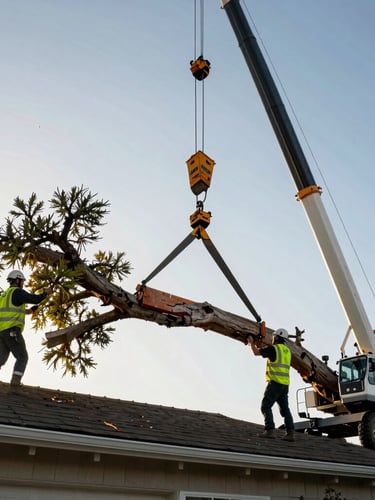 Low-angle dynamic shot of a massive crane lifting a heavy oak limb over a residential roof in Santa Clarita, helmeted professionals in high-vis gear guiding the rigging under bright morning sunlight.